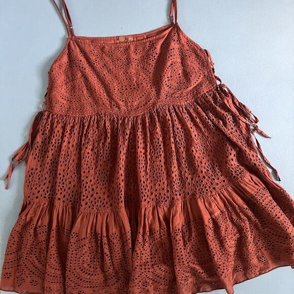 Free People Lily Of The Valley Canyon Brown Eyelet Lace Cotton Mini Dress - Picture 4 of 6